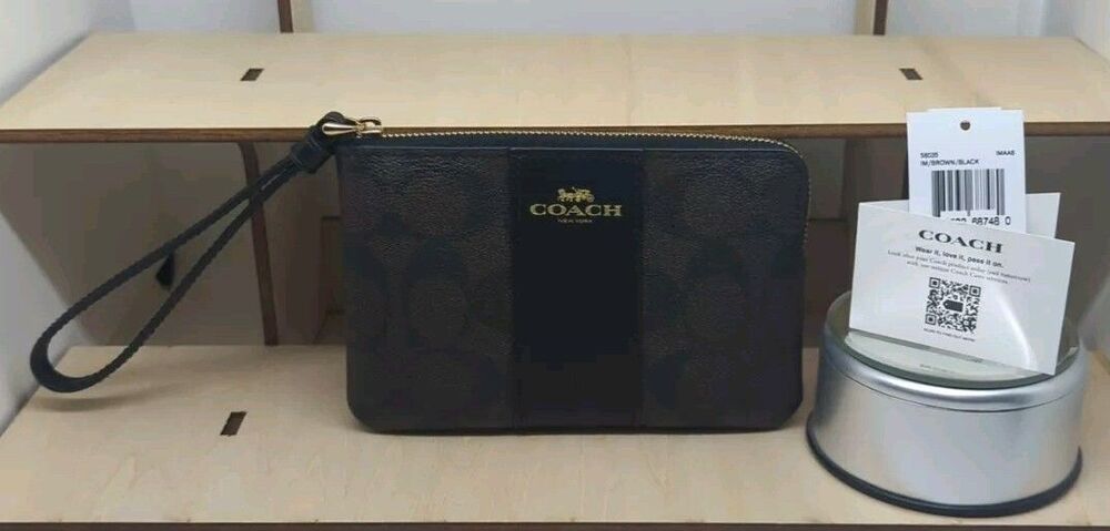 Coach Corner Zip Wristlet - Walnut/Black Signature Canvas, Brand New